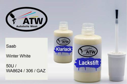 Saab, Winter White, 50U / WA8624 / 306 / GAZ: 20ml Lackstift + 20ml Klarlack - Set, von ATW Autoteile West.